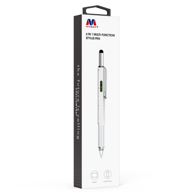 MyBat 6 in 1 Multi-function Stylus Pen (with Ballpoint Pen & Two End Screwdrivers & Level Scale) - Silver