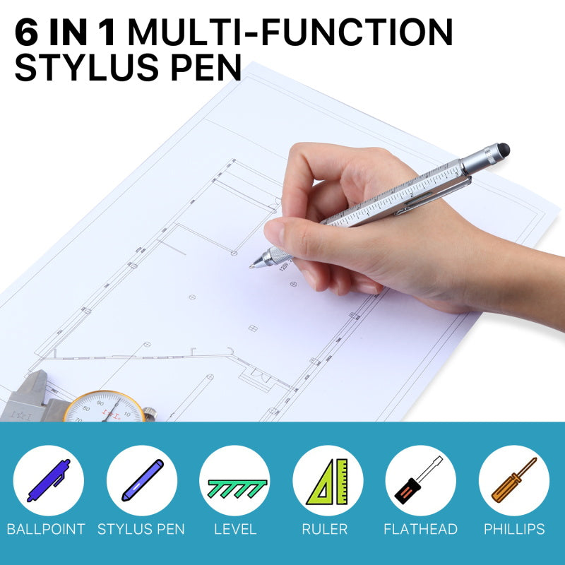 MyBat 6 in 1 Multi-function Stylus Pen (with Ballpoint Pen & Two End Screwdrivers & Level Scale) - Silver