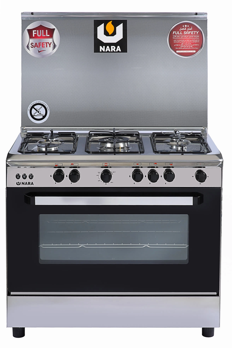 Nara - Gas Cooker 90cm Full Safety Silver with Black Glass